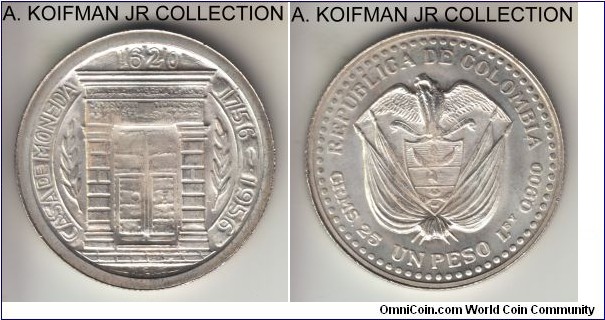 KM-216, 1956 Colombia peso, Mexico mint (no mint mark); silver, reeded edge; 200'th anniversary of Popayan mint commemorative issue, mintage 12,000, bright mostly white uncirculated.