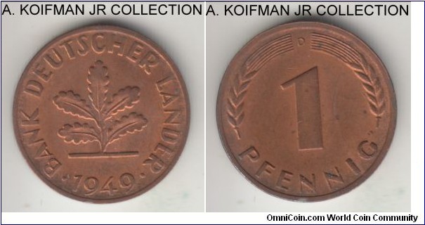 KM-A101, 1949 Germany (Federal Republic) pfennig, Munich mint (D mint mark); copper plated steel, plain edge; early post-war type, red brown uncirculated.