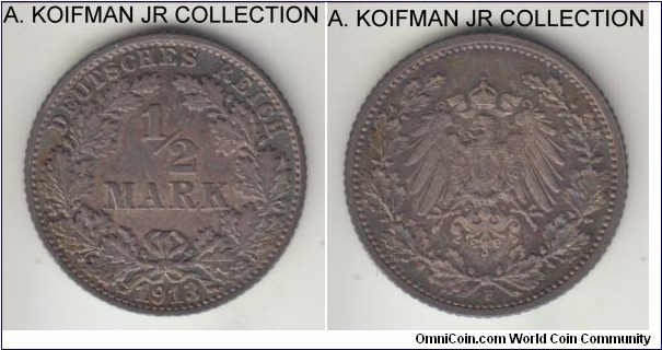 KM-17, 1913 Germany (Empire) 1/2 mark, Stuttgart mint (F mint mark); silver, reeded edge; Wilhelm II, deep toned almost uncirculated or better.