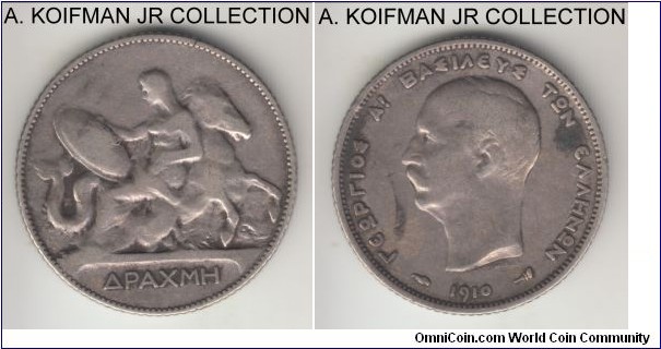 KM-60, 1910 Greece drachma; silver, reeded edge; George I, 2-year type, well circulated, cleaned.