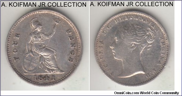 KM-731.1, 1841 Great Britain 4 pence; silver, reeded edge; Victoria, dual circulation - GB and British Guiana - issue with smaller mintage year, good very fine details, obverse lightly cleaned in the past.