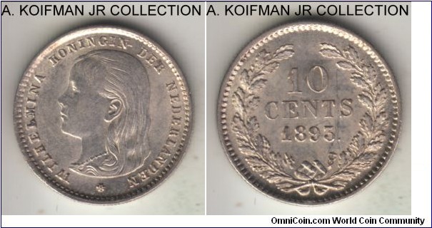 KM-116, 1893 Netherlands 10 cents; silver, reeded edge; Wilhelmina I, short 5 year type, bright lustrous almost uncirculated.