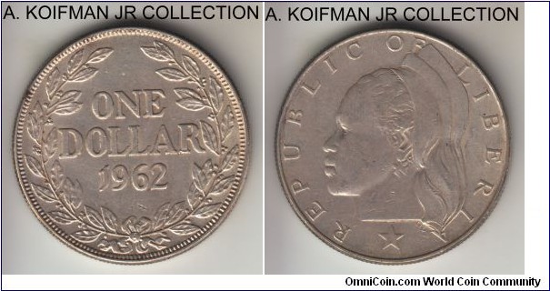 KM-18, 1962 Liberia dollar; silver, reeded edge; 2-year type, uncommon, average uncirculated or almost, few bag marks.