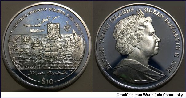 10 Dollars (Virgin Islands -  British Overseas Territory / Queen Elizabeth II / The Chase to the West Indies - Admiral Horatio Nelson // SILVER 0.925 / 28.28g / ⌀38mm / Rare, Mintage: 10.000 pcs)
