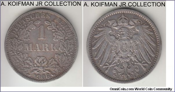 KM-14, 1906 Germany (Empire) mark, Berlin mint (A mint mark); silver, reeded edge; Wilhelm II, good very fine details, old cleaning.