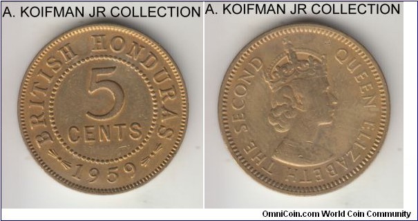 KM-31, 1959 British Honduras 5 cents; nickel-brass, plain edge; Elizabeth II, key year with mintage 100,000, good extra fine details, cleaned.