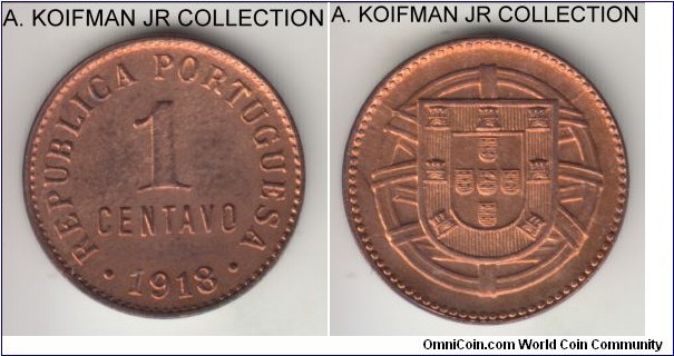 KM-565, 1918 Portugal centavo; bronze, plain edge; early Republican type, common, mostly red uncirculated.