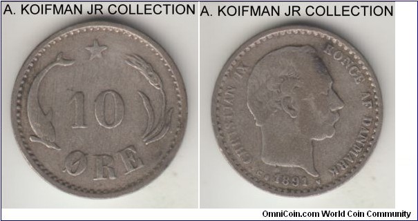KM-795.1, 1891 Denmark 10 ore, Copenhagen mint (heart mint mark, CS mint master); silver, plain edge; Christian IX, good fine or slightly better.