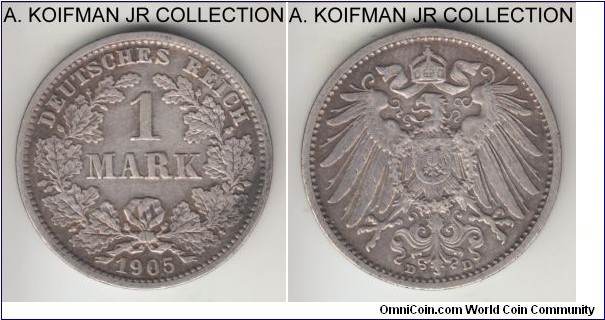 KM-14, 1905 Germany (Empire) mark, Munich mint (D mint mark); silver, reeded edge; Wilhelm II, good very fine to about extra fine details, old cleaning.