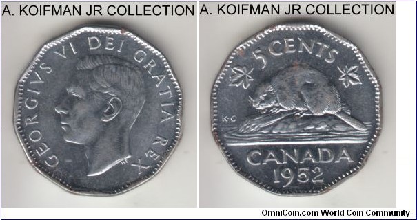 KM-42a, 1952 Canada 5 cents; chromium-plated steel, dodecagonal (12-sided) flan, plain edge; George VI, 2-year type, uncirculated details, carbon or ferrous deposits on the edge.