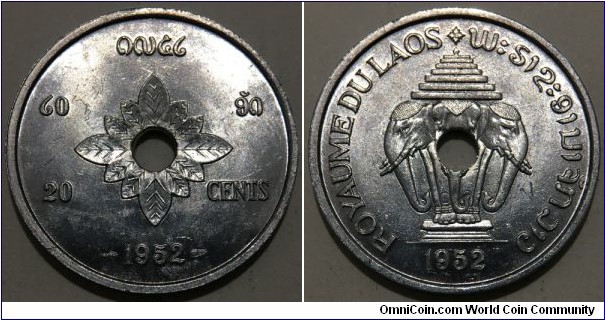 20 Cents (Kingdom of Laos - French protectorate / King Sisavang Vong // Aluminium) 