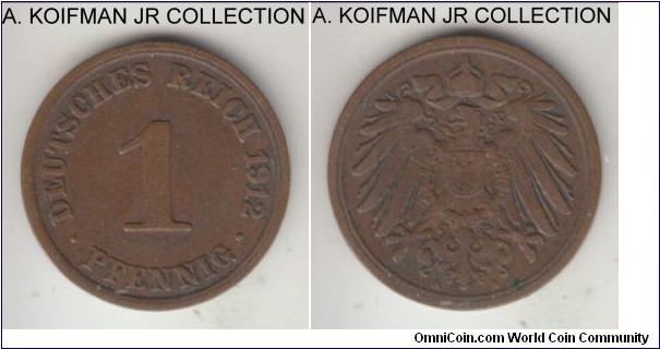 KM-10, 1912 Germany (Empire) pfennig, Berlin mint (A mint mark); copper, plain edge; Wilhelm II, common year, common year, good very fine.