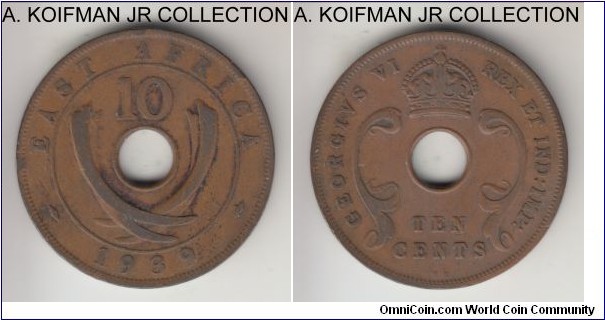 KM-26.1, 1939 East Africa 10 cents, Kings Norton mint (KN mint mark); bronze, holed flan, plain edge; George VI, brown very fine or so, a bit dirty.