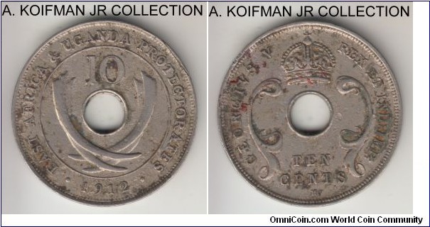 KM-8, 1912 British East Africa & Uganda 10 cents, Heaton mint (H mint mark); copper-nickel, holed flan, plain edge; George V, 4-year type, extra fine details, environmental deposits.