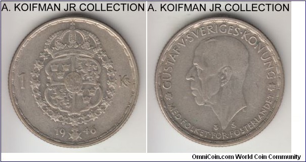 KM-814, 1946 Sweden krona; silver, reeded edge; Gustaf V, last circulation silver type, good very fine to about extra fine.