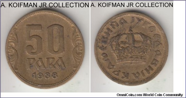 KM-18, 1938 Yugoslavia (Kingdom) 50 para; aluminum-bronze, plain edge; Petar II, 1-year type, about extra fine, a bit dirty.