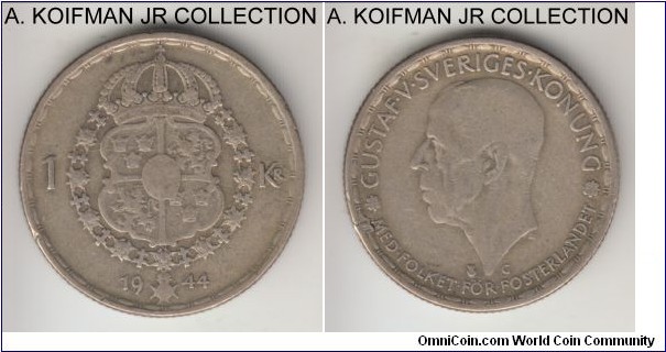 KM-814, 1944 Sweden krona; silver, reeded edge; Gustaf V, last circulation silver type, good fine.