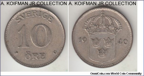 KM-780, 1940 Sweden 10 ore; silver, plain edge; Gustaf V, good extra fine or so.