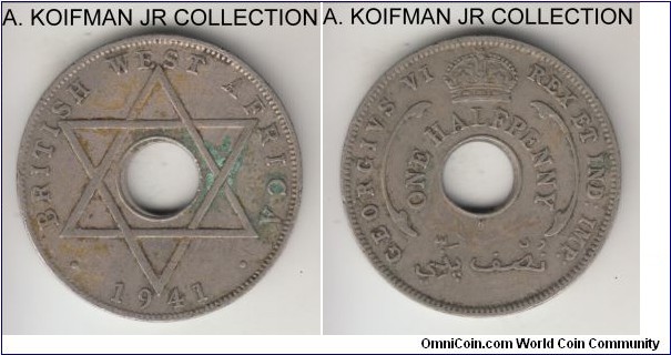 KM-18, 1941 British West Africa 1/2 penny, Heaton mint (H mint mark); copper-nickel, plain edge, holed flan; George VI, smaller mintage year during WWII, very fine details, reverse is dirty and some crusting and deposits and the hole is slightly off center.