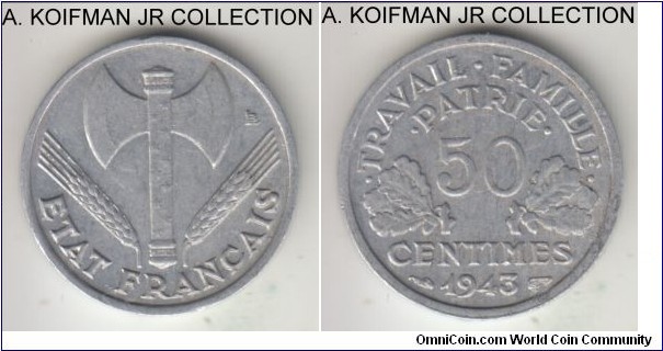 KM-914.4, 1943 France 50 centimes, Paris mint (no mint mark); aluminum, plain edge; Vichy French State issue, average uncirculated, small flan defect