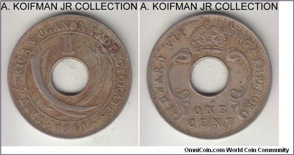KM-5a, 1910 East Africa & Uganda cent, Royal mint (no mint mark); copper-nickel, plain edge; Edward VII, decent circulated grade, good very fine details.