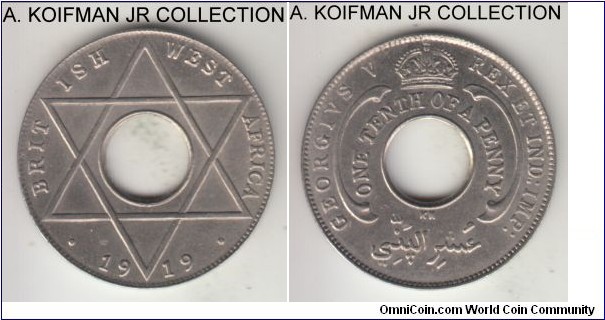KM-7, 1919 British West Africa 1/10 penny, Kings Norton mint (KN mintmark); copper nickel, holed flan, plain edge; George V, scarce year and mint, uncirculated details, obverse either softly struck or was wiped at some past point.