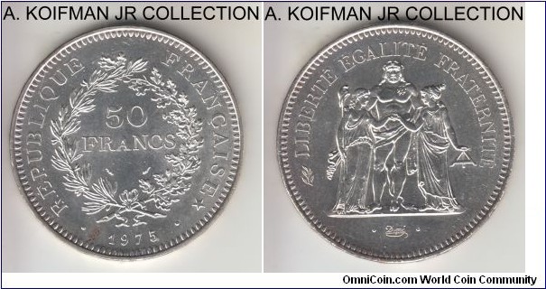 KM-941.1, 1975 France 50 francs; silver, raised lettered edge; Hercules design type, bright proof-like, possibly from the mint set, uncirculated.
