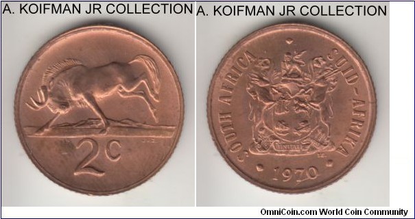 KM-83, 1970 South Africa 2 cents; bronze, reeded edge; earlier Republican decimal coinage, business strike, mostly red uncirculated.
