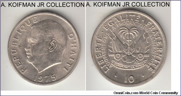 KM-120, 1975 Haiti 10 centimes; copper-nickel, plain edge; Jean-Claude Duvalier, FAO circulation commemorative issue, average uncirculated.