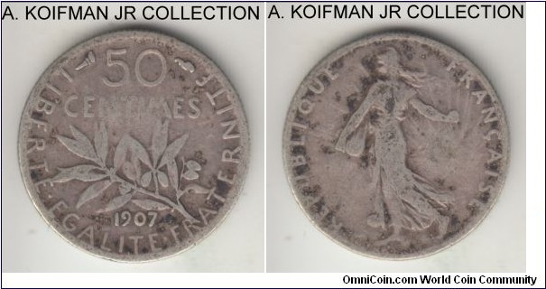 KM-854, 1907 France 50 centimes; silver, reeded edge; Roty's 