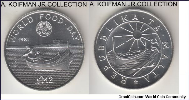 KM-52, 1981 Malta 2 pounds; silver, reeded edge; FAO - world food day, mintage 15,000, nice bright uncirculated.
