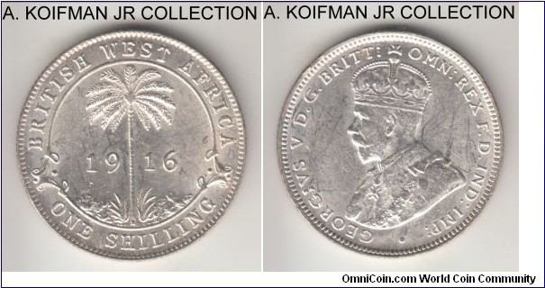 KM-12, 1916 British West Africa shilling, Heaton mint (H mintmark); silver, reeded edge; George V, common coin, bright white uncirculated details, few marks in the field, edge may have been glued/lacquered.