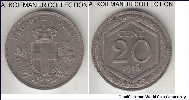 KM-58, 1918 Italy 20 centesimi, Rome mint (R mint mark); copper-nickel, plain edge; Vittorio Emmanuele III, emergency issue, nice overstrike - almost uncirculated - over KM-28 host, previous reeding is visible, some of the lettering of the host coin is visible.