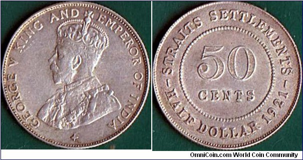 Straits Settlements 1921 50 Cents (1/2 Dollar).