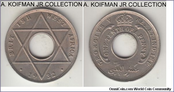 KM-7, 1932 British West Africa 1/10 penny, Royal Mint (no mint mark); copper-nickel, plain edge, holed flan; George V, average uncirculated, some minor light toning.