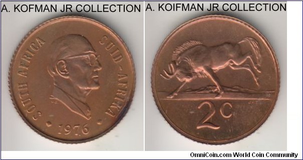 KM-92, 1976 South Africa (Republic) 2 cents; proof, bronze, reeded edge; 1-year commemorative type celebrating the end of President Fouche term, mintage 21,000 in annual proof sets issued, red brown choice to gem proof.