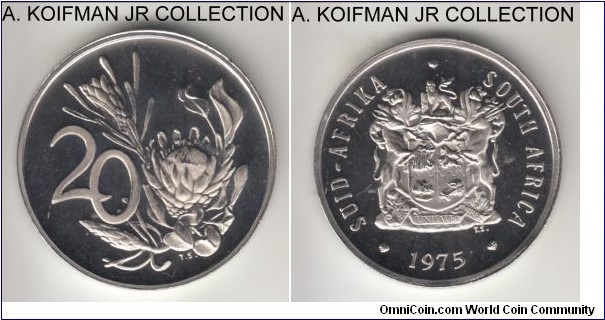KM-86, 1975 South Africa (Republic) 20 cents; proof, nickel, plain edge; average cameo proof from one of the 18,000 annual sets.