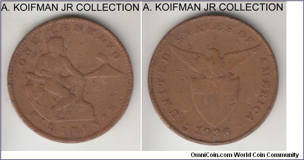 KM-163, 1936 Philippines (US Commonwealth) centavo, Manila mint (M mint mark); bronze, plain edge; well circulated.