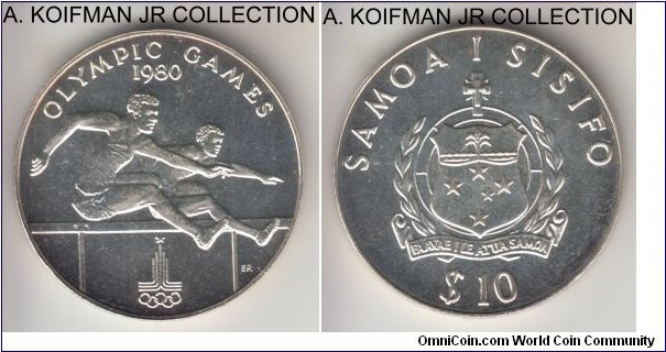 KM-36, 1980 Samoa 10 tala; silver, reeded edge; 1980 Olympics commemorative, mintage 3,000, bright uncirculated with very slight toning with OGP and COA.