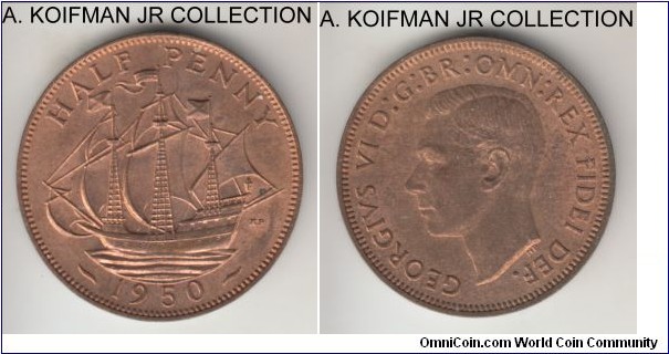 KM-868, 1950 Great Britain half penny; bronze, plain edge; George VI, circulation coinage, red brown uncirculated or almost.