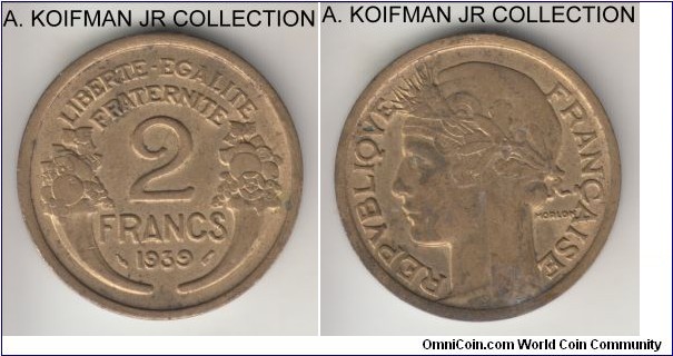 KM-886, 1939 France 2 francs; aluminum-bronze, plain edge; Morlon circulation type, good extra fine or so.