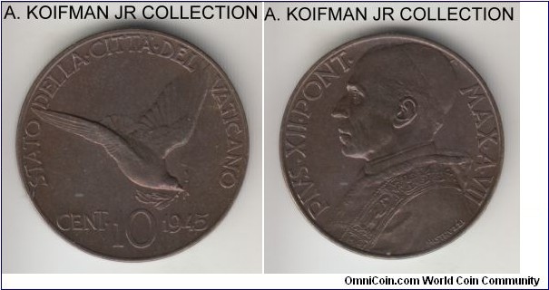 KM-32, 1945 Vatican 10 centesimi; brass, plain edge; Year VII of Pius XII, choice or better uncirculated, scarce mintage 1,000.