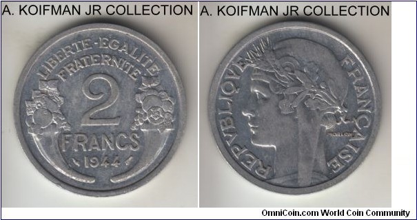 KM-886a.1, 1944 France 2 francs, Paris mint; aluminum, plain edge; standard circulation issue restarted after liberation, extra fine to good extra fine details.