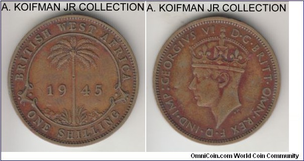 KM-23, 1945 British West Africa shilling, Royal mint (no mint mark); nickel-brass, security edge; George VI, somewhat scarcer year, very fine details, old cleaning.