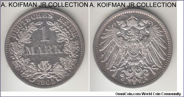 KM-14, 1905 Germany (Empire) mark, Berlin mint (A mint mark); silver, reeded edge; Wilhelm II, good very fine details, cleaned/dipped in the past.