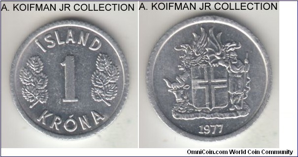 KM-23, 1977 Iceland krona; aluminum, reeded edge; circulation strike, almost uncirculated.