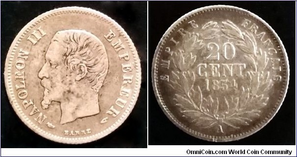 France 20 centimes.
1854 A, Napoleon III. Ag 900.
