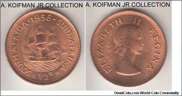 KM-45,1956 South Africa (Dominion) half penny; bronze, plain edge; Elizabeth II, smaller mintage and somewhat scarcer, mostly red uncirculated.