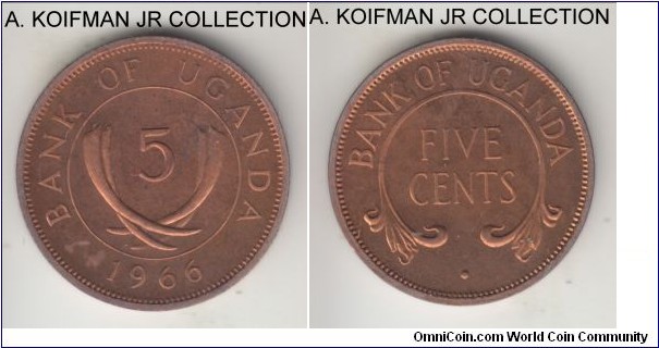 KM-1, 1966 Uganda 5 cents; proof, bronze, plain edge; first post independence issue, toned red proof.