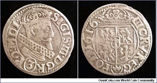 Polish–Lithuanian Commonwealth 3 krucierze. 1616, Sigismund III Vasa. Ag. Kraków mint. Abdank coat of arms. Very rare coin. 
